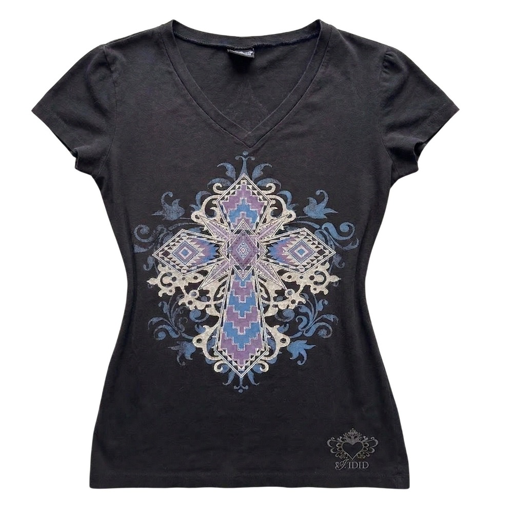 Vintage Black Y2K Blouse Studded Cross V-Neck‎ Fitted Stretchy med